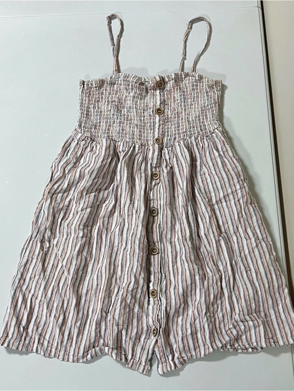 Garage Striped Shirred Button-Up Spaghetti Strap Linen Dress Size S ✨ #dress